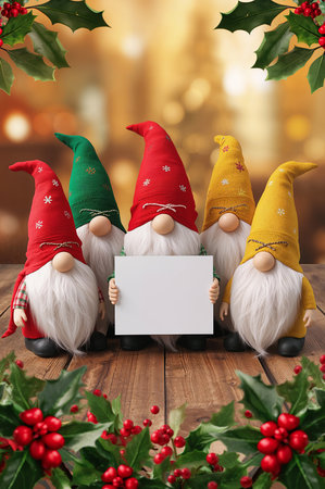 Three gnomes with blank card on wooden table. Christmas background.の素材
