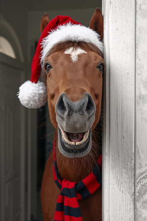 Horse in Santa Claus hat and scarf peeking out of doorの素材