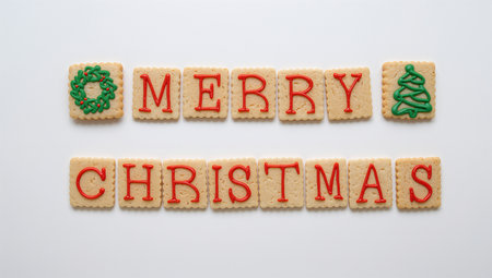 Merry Christmas lettering made of Christmas cookies on white background.の素材