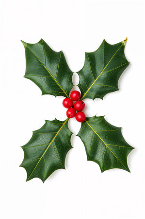 Holly leaves and red berries on white background. Christmas decoration.の素材