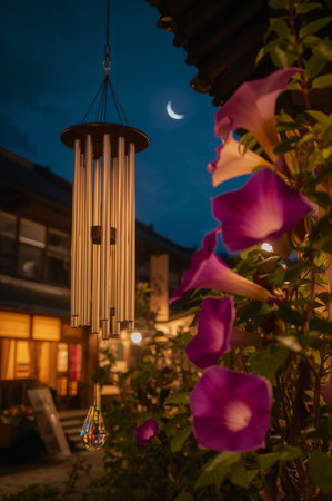 Hanging lamp at night in the garden. Beautiful night view.の素材