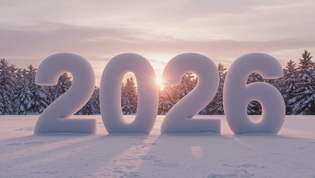 Happy New Year 2016. Winter landscape with snow covered pine trees and sunset.の素材