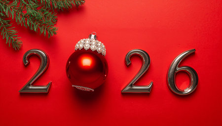 Christmas and New Year background. Festive decoration on a red background.の素材