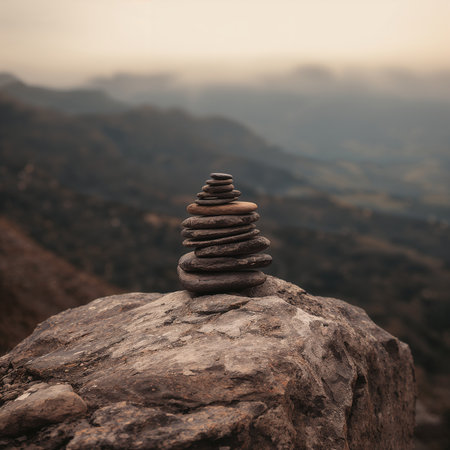 Pyramid of stones on a rock in the mountains. Zen conceptの素材