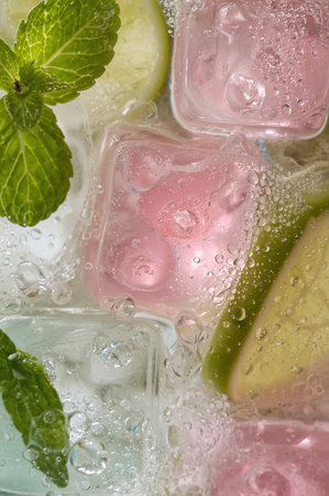 Ice cubes with mint leaves and lime slices, close-up.の素材