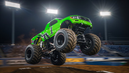 3D rendering of a green monster truck on a race track.の素材