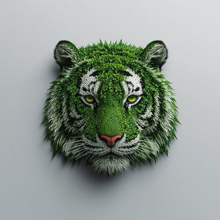 Tiger head with green grass on gray background. 3D renderingの素材