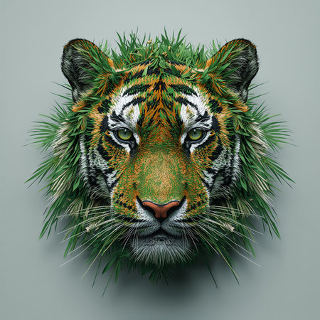 Tiger head with green grass on a gray background. 3d illustrationの素材