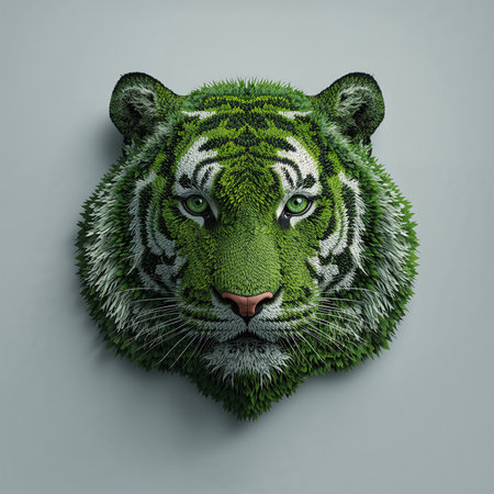 Tiger head with green fur on a gray background. 3d renderingの素材