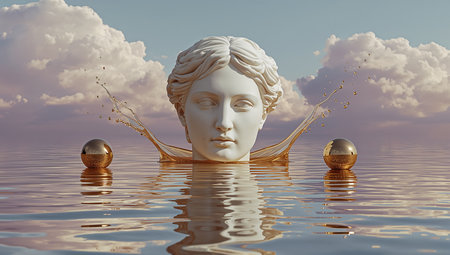 Statue of David in water with golden balls. 3d illustrationの素材