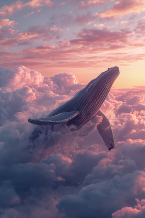 Humpback flying above the clouds at sunset. 3d renderの素材