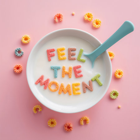 Healthy breakfast concept. Lettering Free time with cereal in white bowl on pink backgroundの素材
