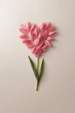Pink tulip flower on a beige background. Flat lay, top view.の素材