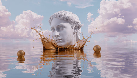 Statue of David in the water with gold splashes. 3d illustrationの素材