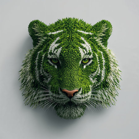Fantasy face of a tiger with green grass on a gray backgroundの素材