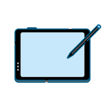 Tablet and stylus pen are simple white based line art illustrations.のイラスト素材