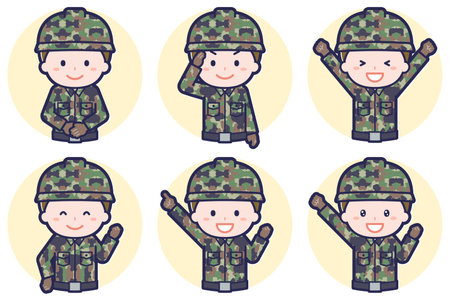 This is an illustration of a pose set of a male Self-Defense Force member.のイラスト素材