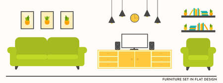 Flat furniture set vector for living room illustration design in green sofa and yellow tableのイラスト素材