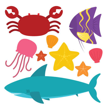 Sea animals collection set in flat crab shark clam fish jellyfish starfish vectorのイラスト素材