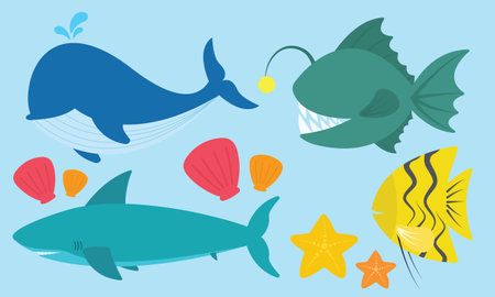 Cute sea animals illustration set vector in shark anglerfish whale clam starfish collectionのイラスト素材