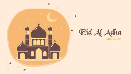 Eid Al Adha Mubarak banner template design with orange cartoon mosque designのイラスト素材