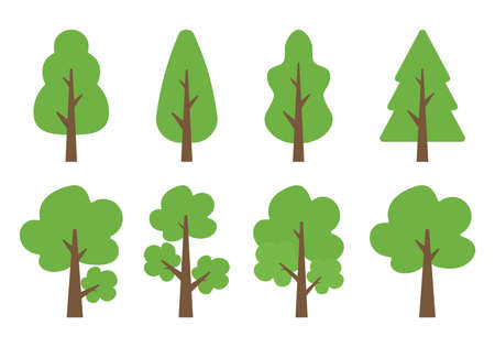 Simple trees collection in green flat vector design illustration for clip art png for garden park and forestのイラスト素材