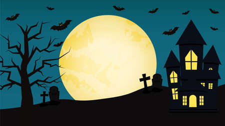 Halloween background wallpaper in flat design with ghost houseのイラスト素材