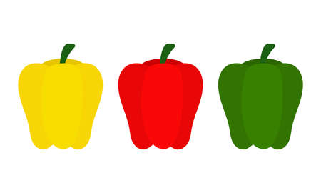 Flat Yellow Red Green Pepper Paprika Set Icon Clipart in Cute Cartoon for Spices and Vegetablesのイラスト素材