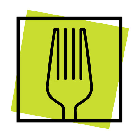 Cartoon Fork for Dishware Cartoon Doodle Sticker in Green Geometric Square Shape Background Vector Illustration Isolated on White Backgroundのイラスト素材