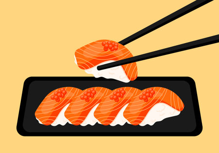 Cute Salmon Sushi on a black plate Animated Cartoon Isolated Vector Illustration for japanese food cuisineのイラスト素材