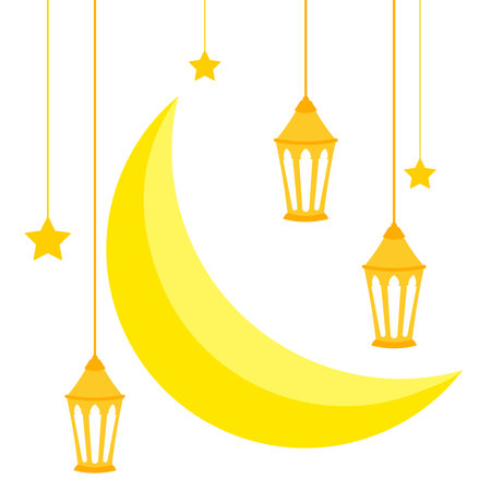 Cute Islamic Moon and Hanging Lantern Decoration for Ramadan, Eid Al Fitr, Eid Al Adha, Muharram Isolated on White Backgroundのイラスト素材