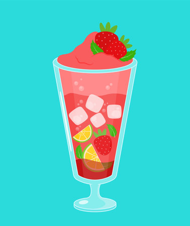 Ice strawberry cocktails. Refreshing drinks : strawberry juice, strawberry milkshake, daiquiri, Mojito with strawberries, mint leaves and lemon. Cartoon Vector illustration. The concept of drinksのイラスト素材