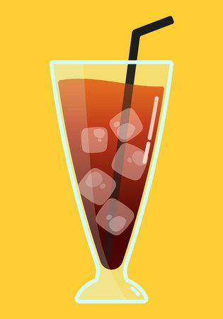 Ice Tea with ice cube and black straw in long glass for Summer Beach Party Drink and Beverage in Flat Vector Illustrationのイラスト素材
