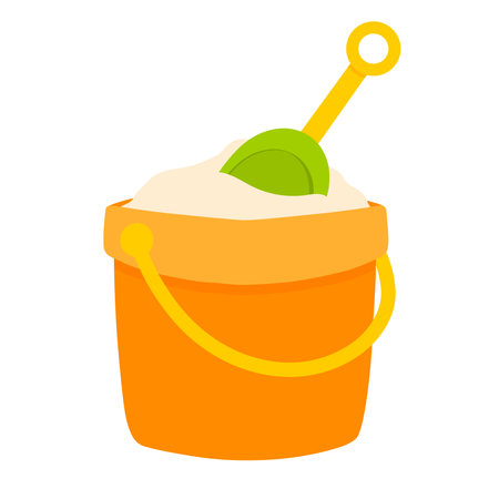 Hand drawing Sand in orange bucket with green shovel. Kid toys for building sand castle in beach vacation. Summer doodle icon vector illustration isolated on white backgroundのイラスト素材