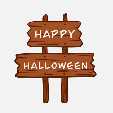 Hand drawn Happy Halloween Wooden Board on white background. For Banner and Poster Element Decoration Holiday Halloween. Vector illustrationのイラスト素材