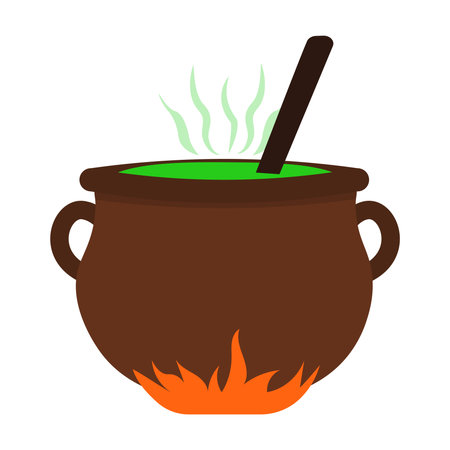 Flat witch potion in pot cartoon on white background for your design for the holiday Halloween. Doodle Vector illustrationのイラスト素材