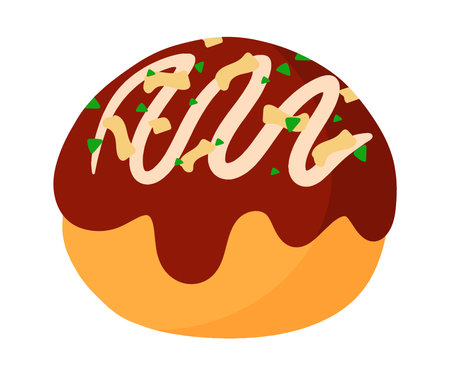 Hand drawn Takoyaki Japanese Snack Street Food Filled with Minced Octopus Animated Cartoon Vector Illustration Isolated on White Backgroundのイラスト素材