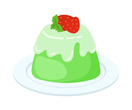 Hand drawn Green Pudding Dessert in White Plate with fruits topping sweet food cartoon vector illustration isolated on white backgroundのイラスト素材