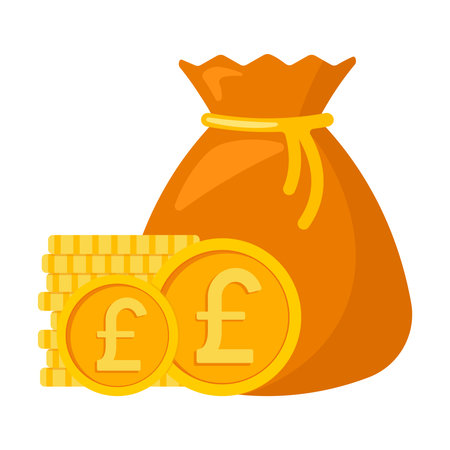 Money bag with British Pound Sterling coins icon cash, interest rate, business and finance, return on investment, financial solution, prepayment and down payment concept. Cartoon minimal styleのイラスト素材