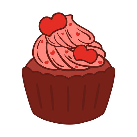 Cartoon drawing valentine cupcake cute flat sweet dessert muffin snack food vector clip art illustration isolated on white backgroundのイラスト素材