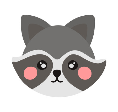 Hand drawn vector illustration of a cute funny raccoon head face character. Isolated object on white background. Concept for children book animalのイラスト素材
