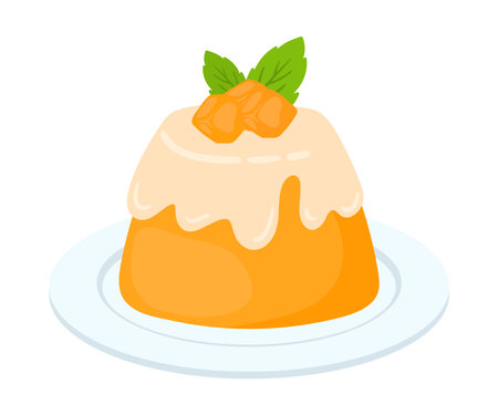 Hand drawn Mango Pudding Dessert in White Plate with fruits topping sweet food cartoon vector illustration isolated on white backgroundのイラスト素材