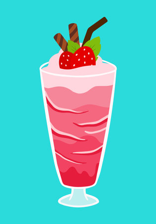 Flat strawberry drink. Refreshing drinks : strawberry milkshake, smoothie, milk, yogurt summer and valentines day drink cute cartoon vector illustration isolatedのイラスト素材