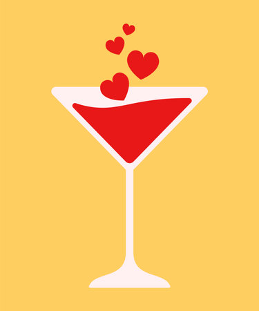 Flat Red Wine Drink in Cocktail Glass for Valentines Drink Icon Doodle Vector Illustration Ioslated with Heart Shapeのイラスト素材