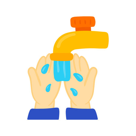Washing Hand in Flowing Water. Flat Yellow Flowing Water Faucet, Water Tap Clipart in Cute Cartoon Drawing Vector Illustration Isolated on White Backgroundのイラスト素材