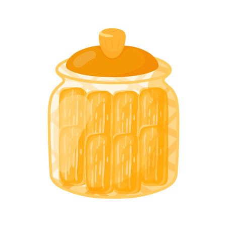 Gold Jar with Kastangel Kue Keju. Vector Illustration Of Aesthetic Glass Jar for Hampers Ramadan, Eid Al Fitr Food Cookies Isolated On White Backgroundのイラスト素材