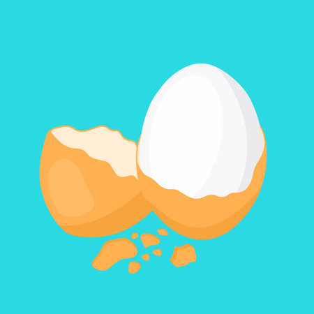 Flat hand drawn boiled egg in cracked half peeled eggshell for diet breakfast food cartoon vector...