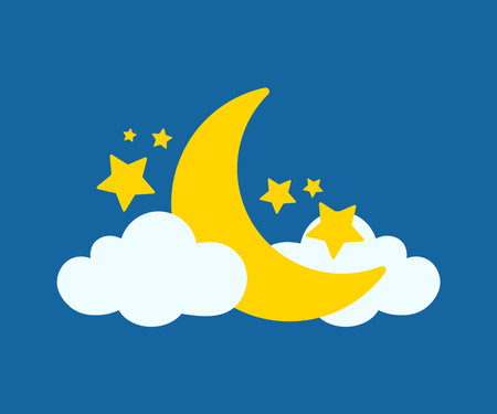Flat Cloud, Crescent Moon, and Stars in Navy Night Sky for Sky Banner and Background Element Decoration and Children Books Illustrationのイラスト素材