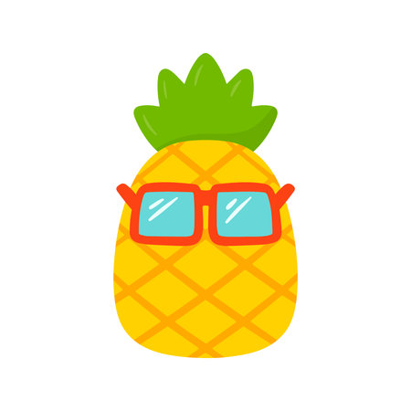 Flat cartoon Pineapple Wearing Sunglasses Tropical Summer Fruit Icon clip art vector illustration design for kids and children books for learning fruits and alphabetのイラスト素材
