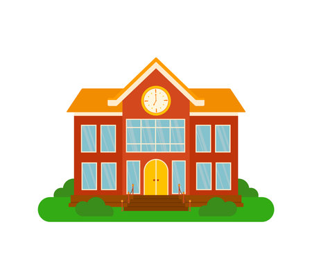 School Building in Park in Flat Cartoon Vector Illustration for Back To School Banner Element Decorationのイラスト素材